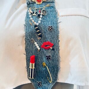 Custom Decorative Denim Tie with Red Lipstick & Pearl Pins - Women Accessories